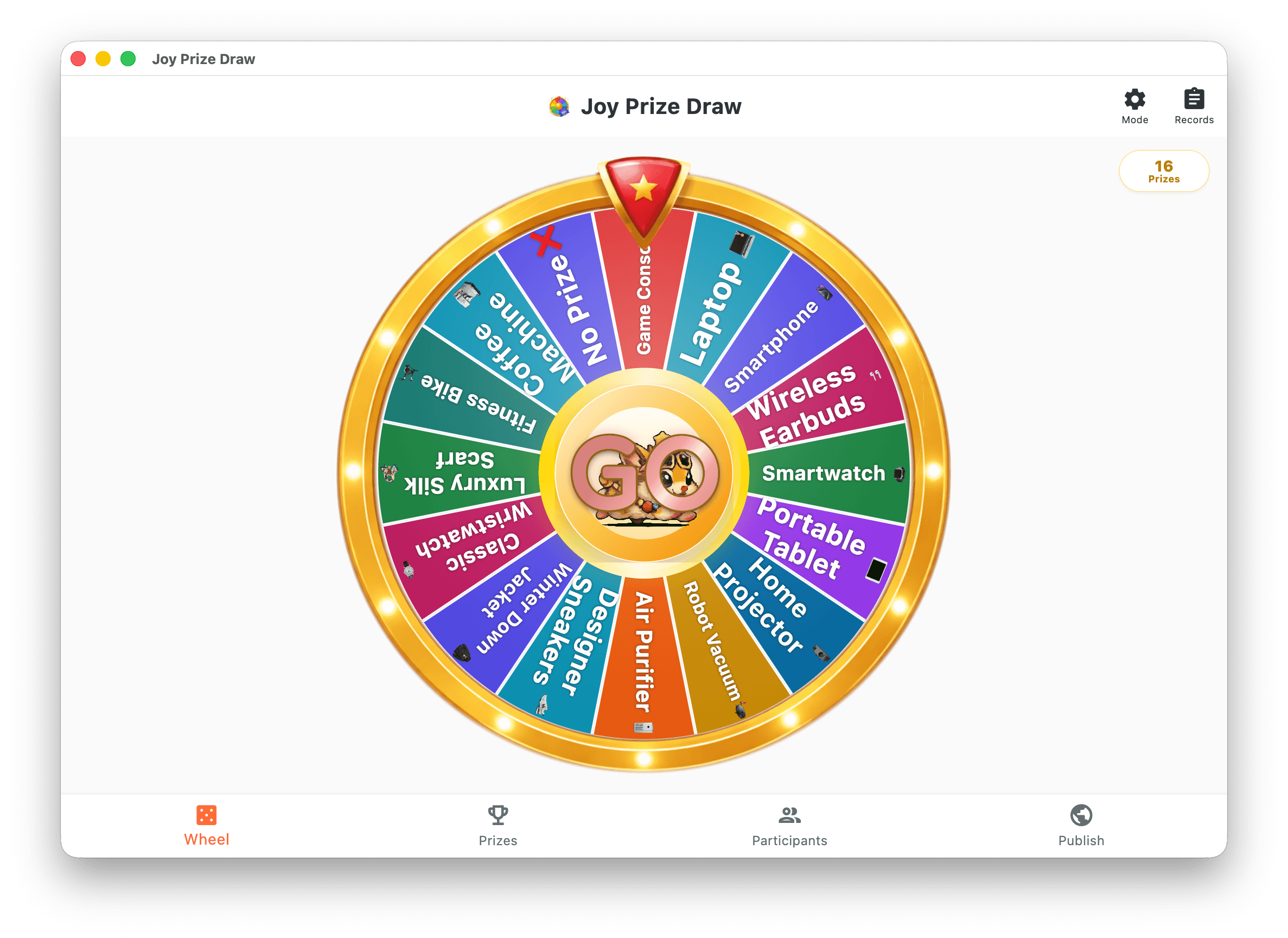 Joy Prize Draw running the prize wheel mode
